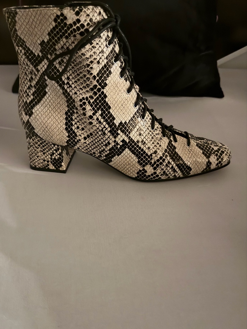 Paolo Snake-Print Lace-Up Ankle Boots in Black and Cream